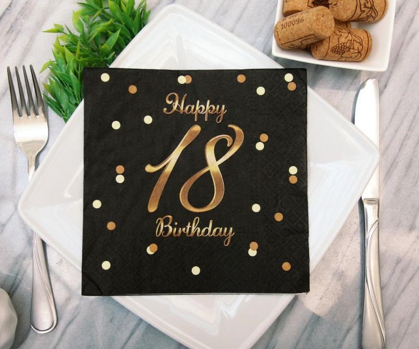 Sort 18 års fødselsdagsserviet, 20 stk.