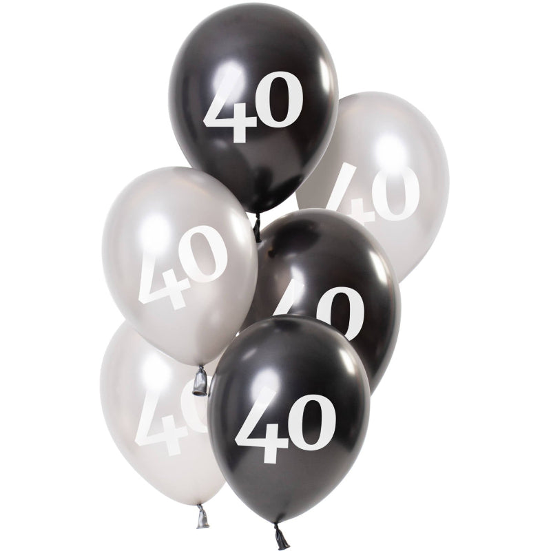 Sorte 40 års latexballoner, 23 cm, 6 stk.