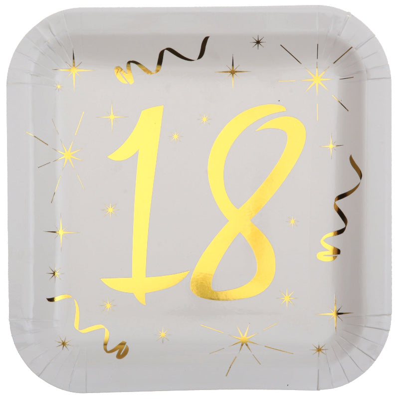 18 års paptallerken, hvid og guld, 10 stk.