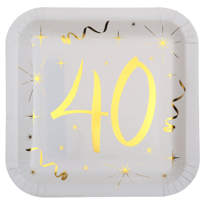 40 års paptallerken, hvid og guld, 10 stk.