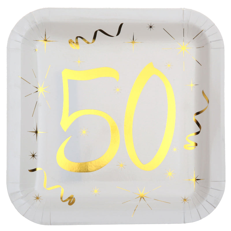 50 års paptallerken, hvid og guld, 10 stk.