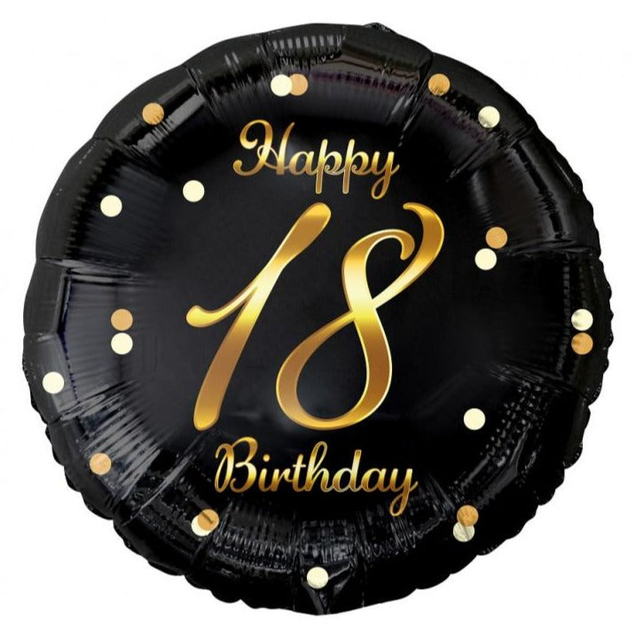 Sort/guld, "Happy 18 Birthday", folieballon, 45 cm 18"