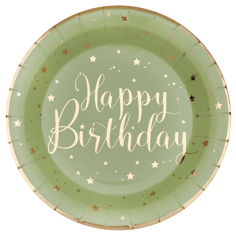 Rund grøn "happy birthday" tallerken, 10 stk.