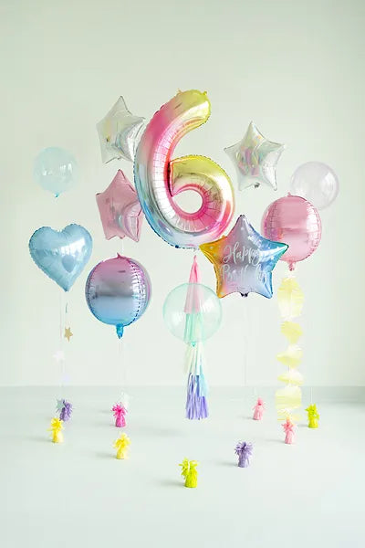 Regnbuefarvet 6-tal, folieballon, 86 cm.