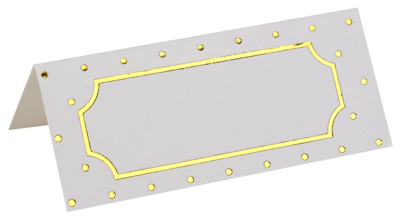 Hvide bordkort med guld prikker, 7x3 cm.