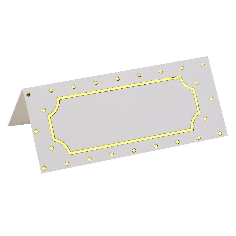 Hvide bordkort med guld prikker, 7x3 cm.