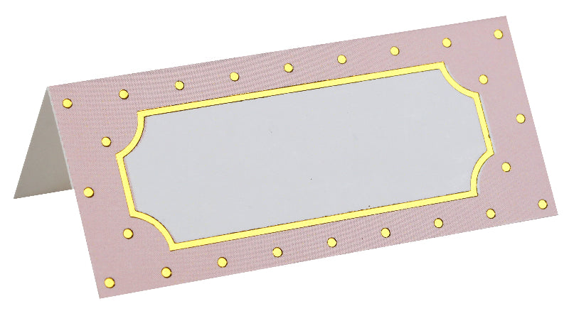 Lyserøde bordkort med guld prikker, 7x3 cm.