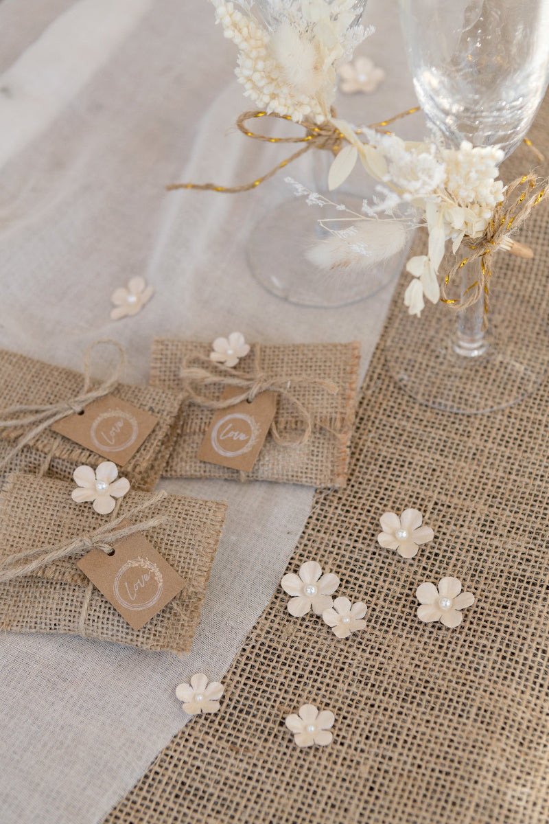 Fersken stofblomster med perle, 40 stk.