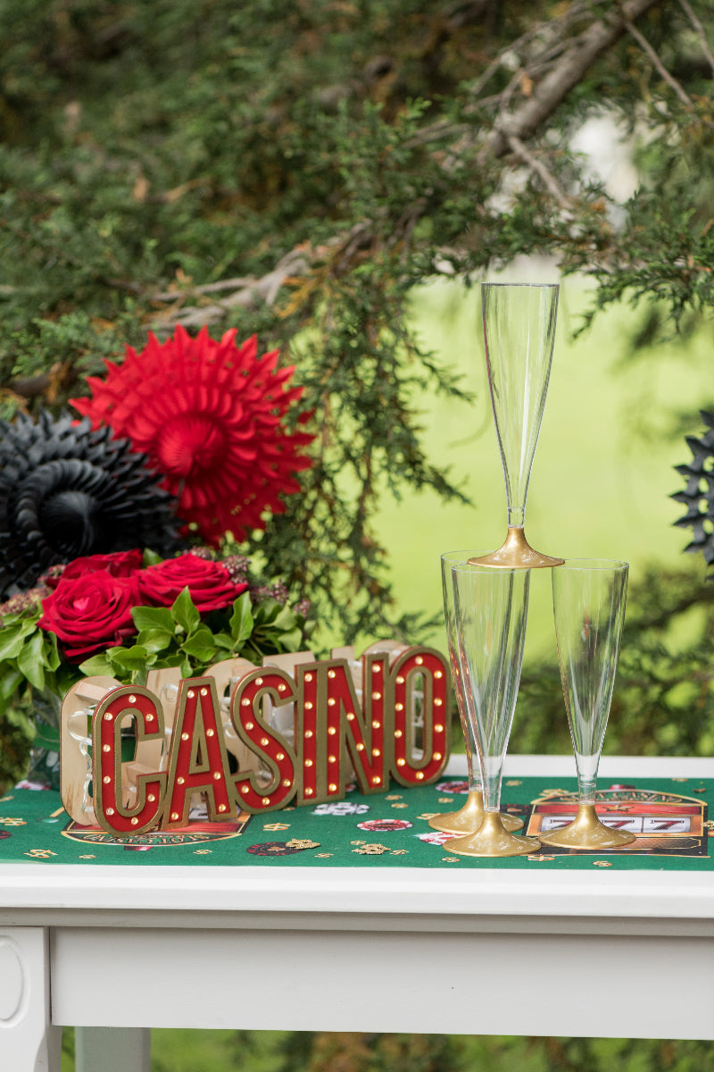 Plastik champagne glas med rød bund, 10 stk.