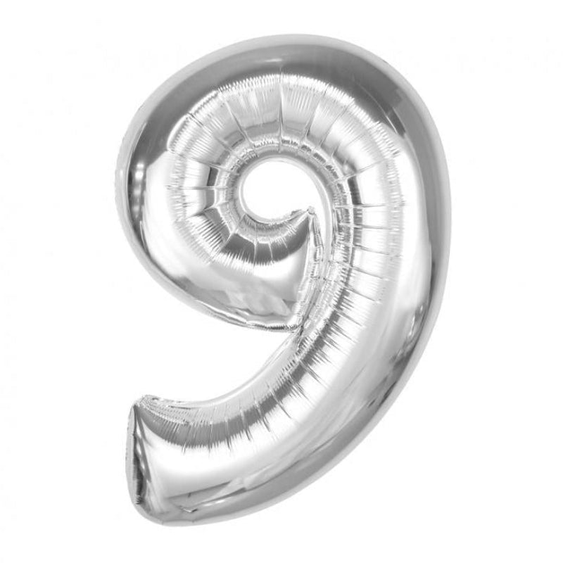 Sølv 9-tal folieballon, 92 cm.
