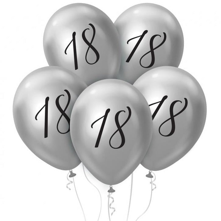 Sølv 18 års latexballon, 5 stk, 12"