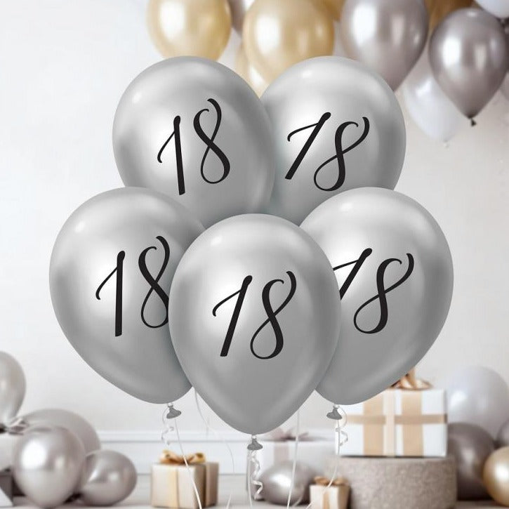 Sølv 18 års latexballon, 5 stk, 12"