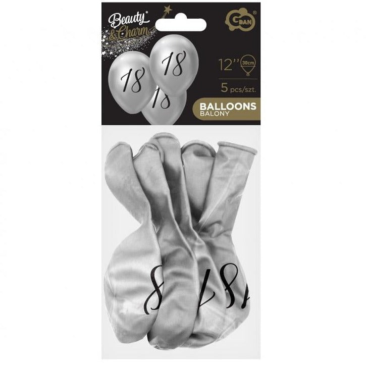 Sølv 18 års latexballon, 5 stk, 12"