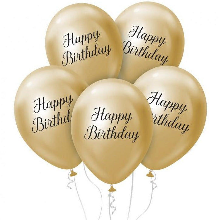 Guld "happy birthday" latexballon, 5 stk, 12"