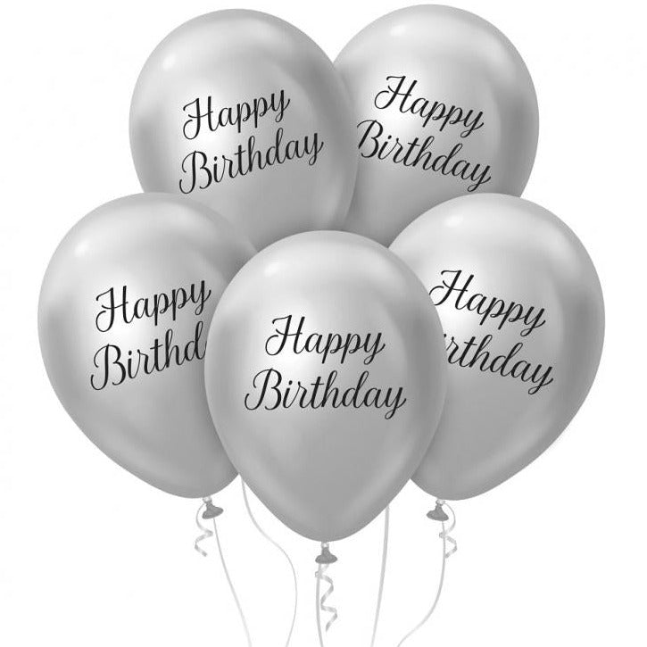 Sølv "happy birthday" latexballon, 5 stk, 12"