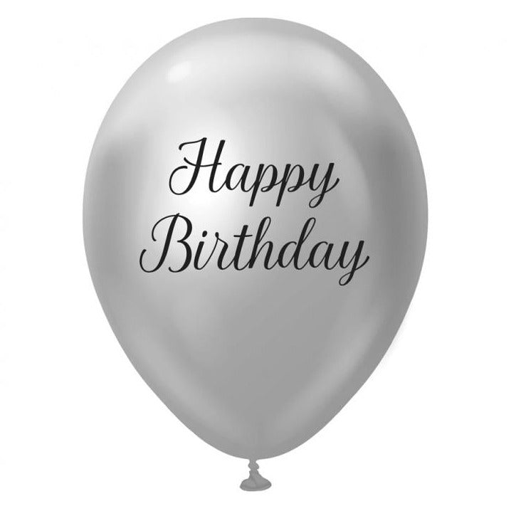 Sølv "happy birthday" latexballon, 5 stk, 12"