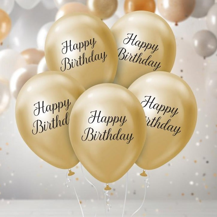 Guld "happy birthday" latexballon, 5 stk, 12"