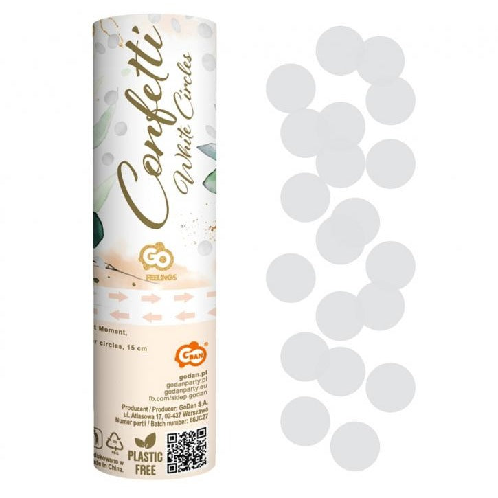 Konfettirør - hvide papir cirkler 15 cm