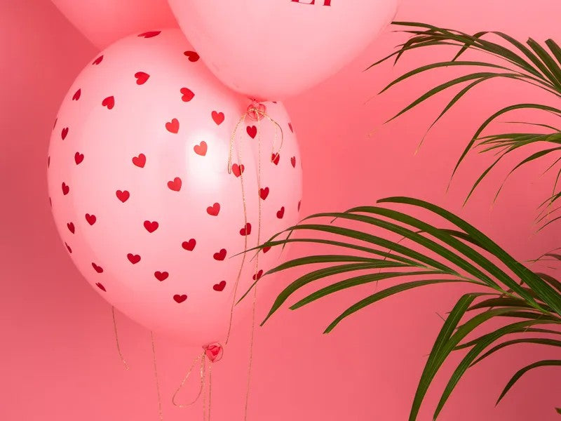 Lyserød latexballon med hjerter, 30 cm, 6 stk.