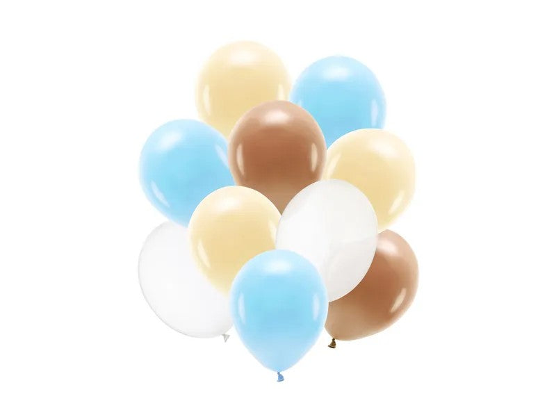 Latex ballonsæt, brun, blå og klar, 10 stk.
