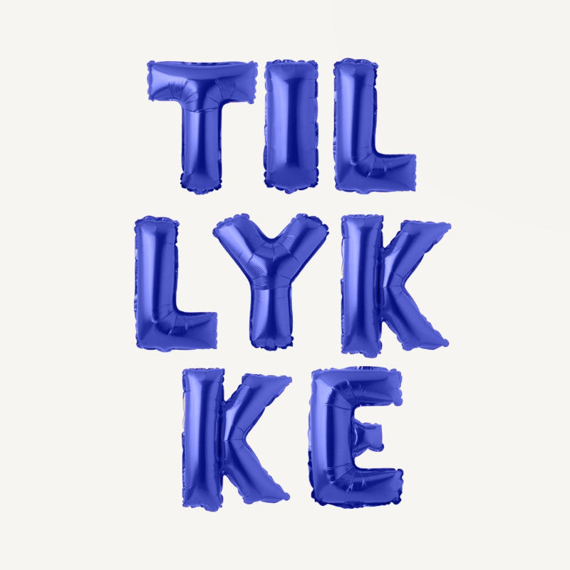 Blå "Tillykke" folieballoner, 1 sæt.