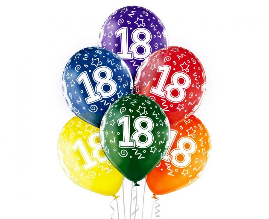 Farverige 18 års balloner - 6 stk.