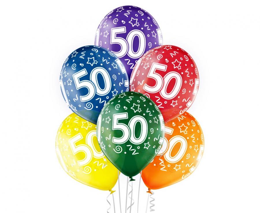 Farverige 50 års balloner - 6 stk.