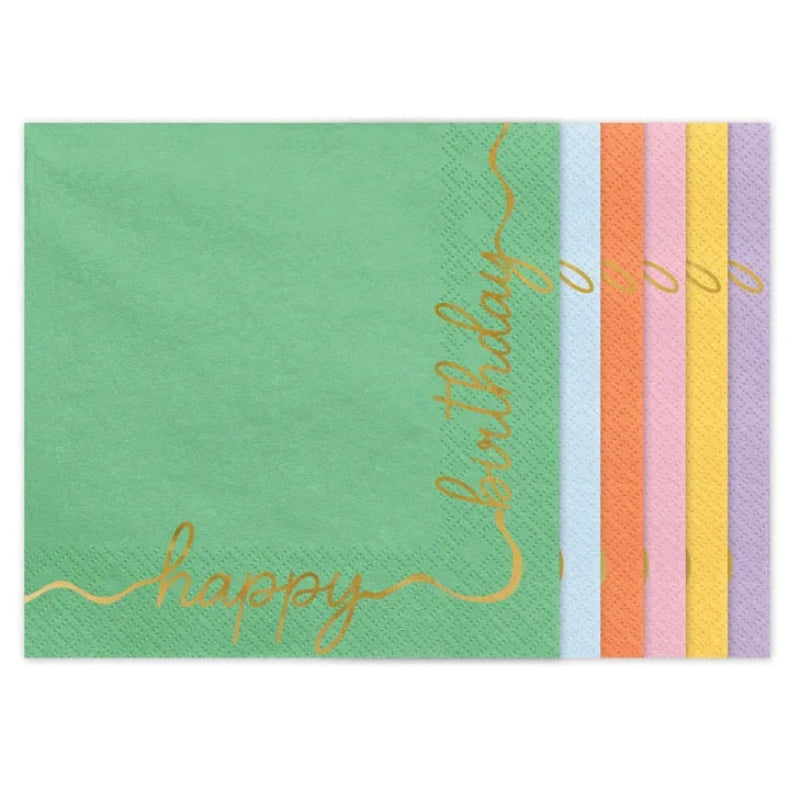 Farverige "Happy birthday" servietter, 12 stk.