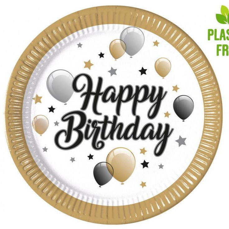 Guld fødselsdags paptallerkener - 23 cm, 8 stk.