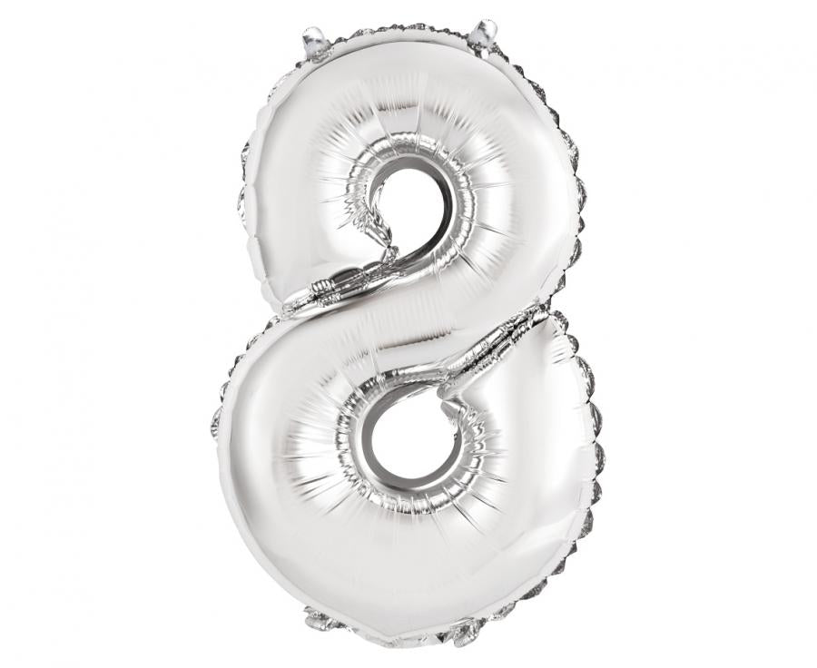 Sølv folieballon 8-tal, 35 cm.