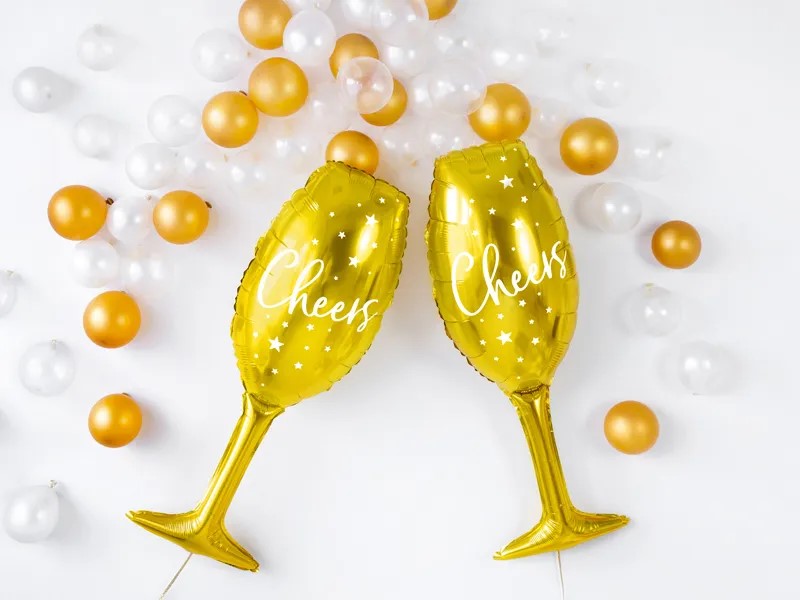 Guld "Cheers" glas, folie ballon, 28x80 cm.