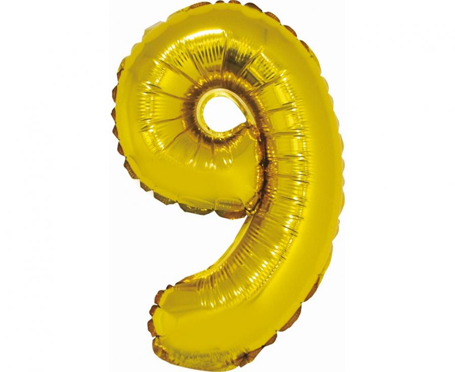 Guld folieballon 9-tal, 35 cm.