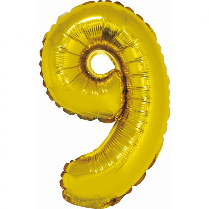Guld folieballon 9-tal, 35 cm.