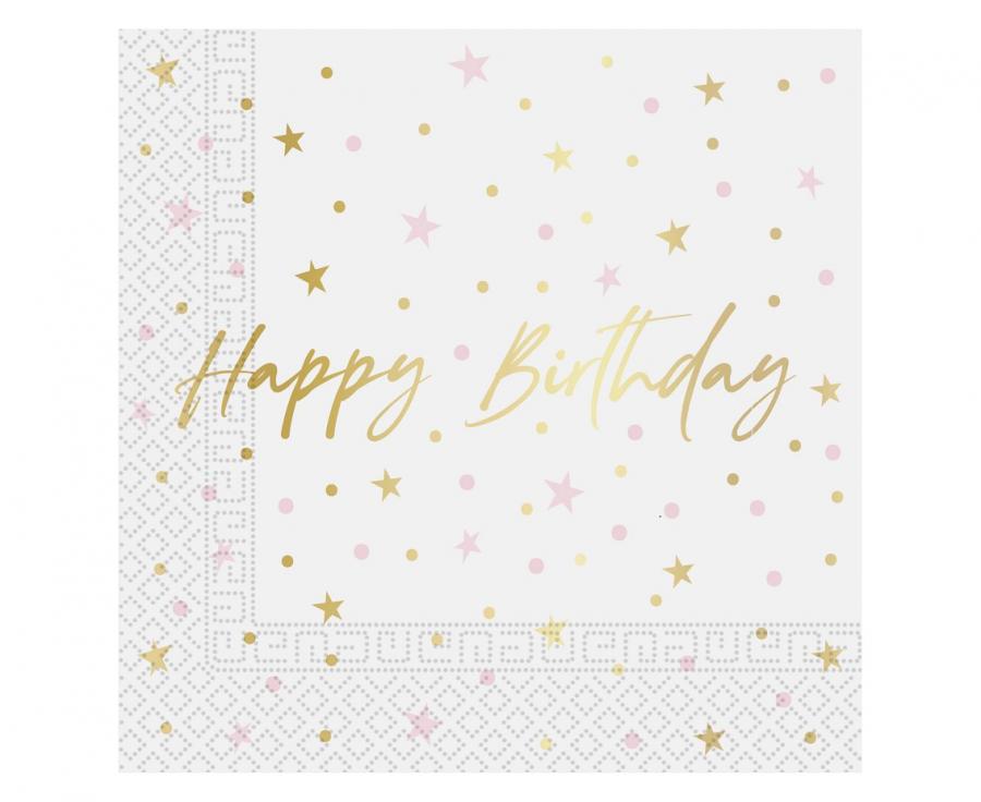 Guld/lyserød "happy birthday" servietter, 20 stk.