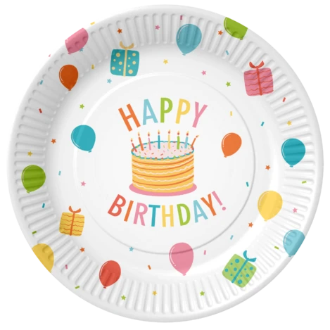 Happy birthday paptallerken, 23 cm, 8 stk.
