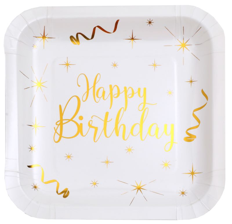 Firkantet "happy birthday" tallerken, 10 stk.