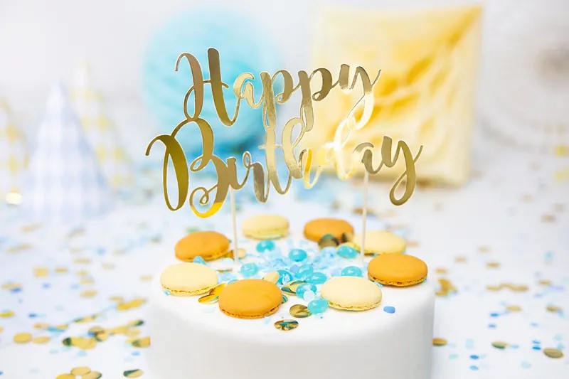 Guld "Happy birthday" kagetopper, 1 stk.