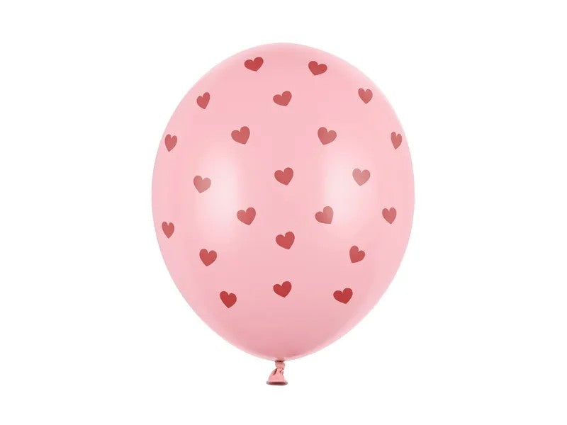 Lyserød latexballon med hjerter, 30 cm, 6 stk.