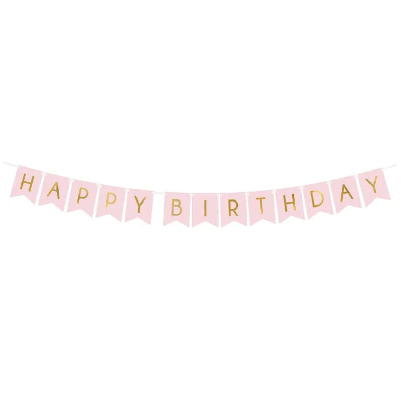 Lyserød "Happy birthday" banner, 15 x 175 cm.