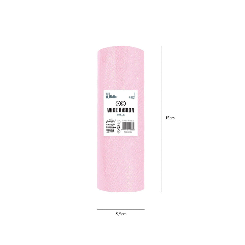 Lyserød glimmer tyl, 15 cm x 9 m.
