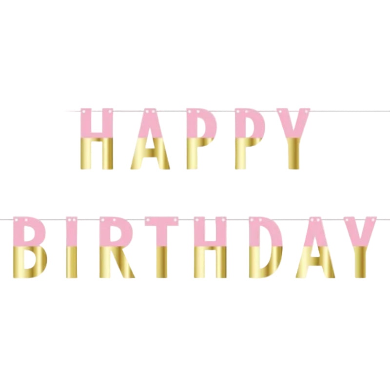 Lyserød "Happy birthday" guirlande, 160 cm.