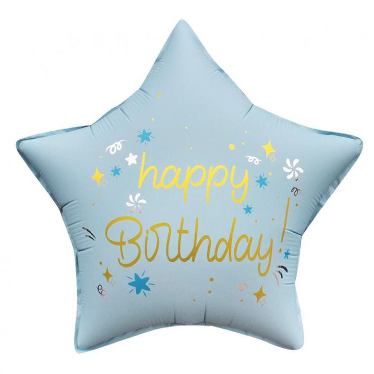 Mat lys blå "Happy Birthday", folieballon, 44 cm