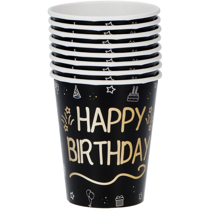 Sort fødselsdags papkop, 8 stk.