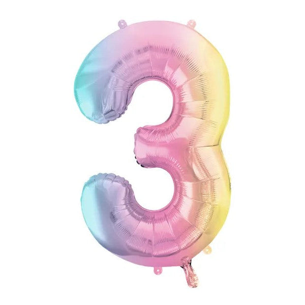 Regnbuefarvet 3-tal, folieballon, 86 cm.