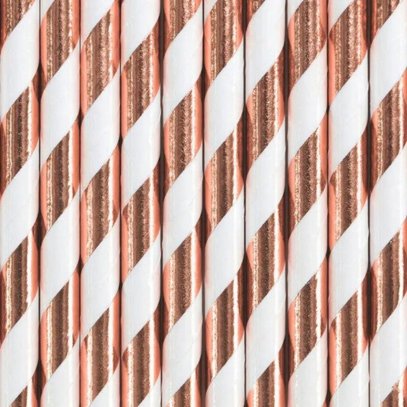 Papirsugerør rose gold striber, 10 stk.