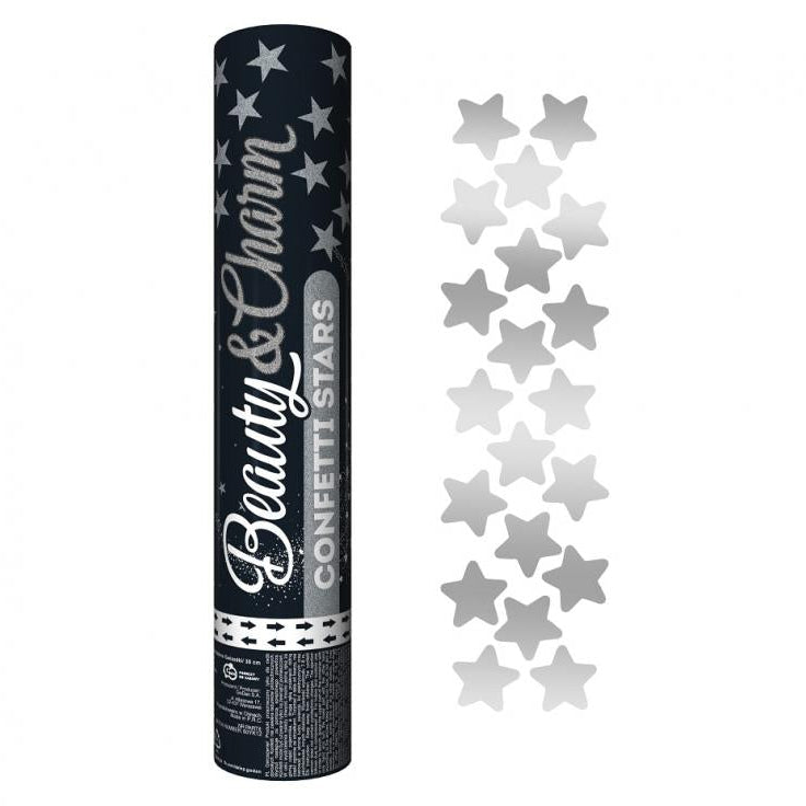 Sølv stjerne konfettirør, 30 cm.