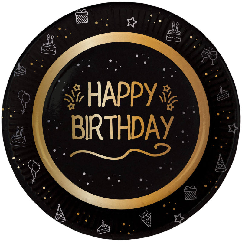 Sort/guld fødselsdagstallerken, 23 cm, 8 stk.