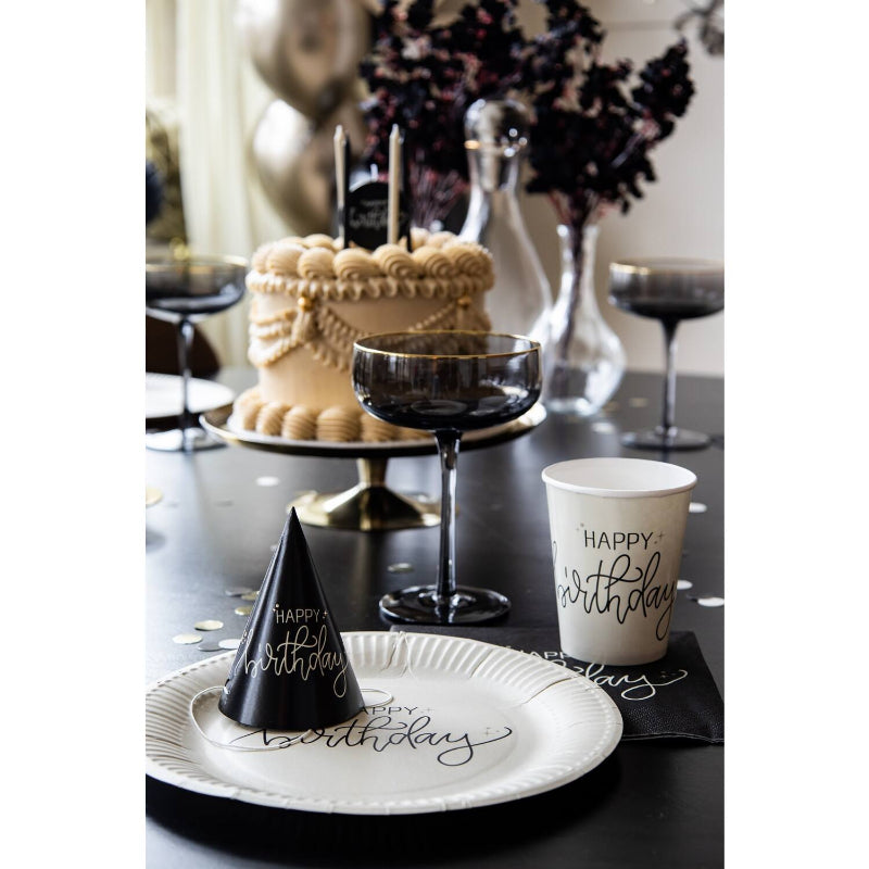 Hvid/sort fødselsdagstallerken, 23 cm, 8 stk.