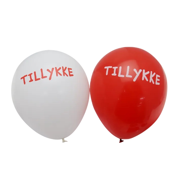 Røde/hvide "Tillykke" latexballon, 6 stk.