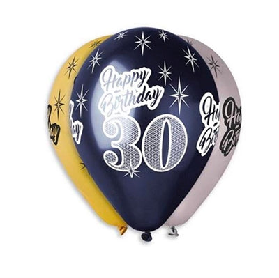 30 års metallic latexballoner, 6 stk, 30 cm.